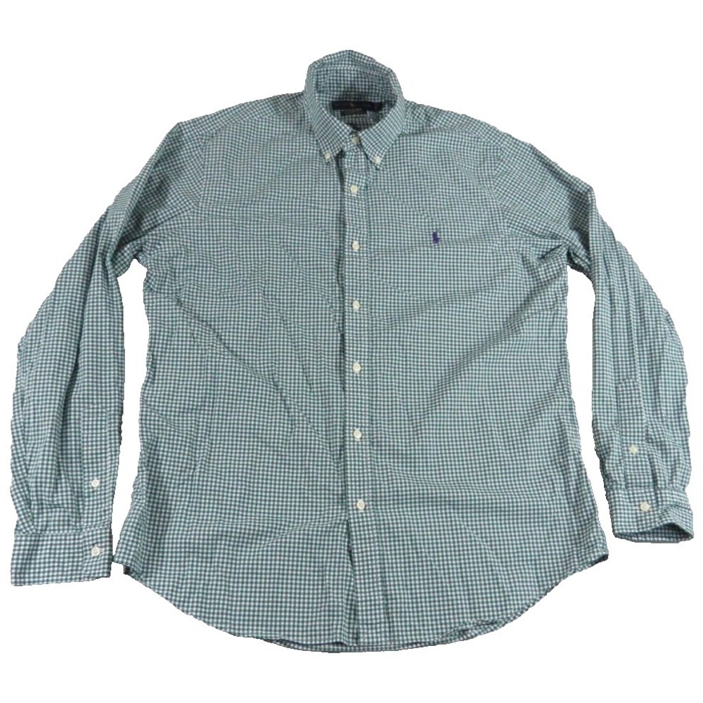 Polo Ralph Lauren Shirt Men L Green White Gingham Check Classic Fit Cotton Long